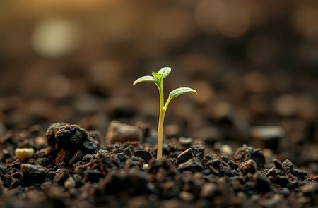 Green seedling illustrating concept of new life and natural growing. Close upの素材