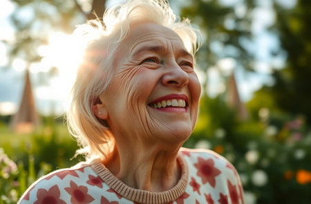 Portrait of smiling senior woman looking at camera in park on sunny dayの素材