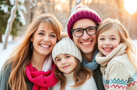 A portrait of a happy family on a winter walk in the parkの素材