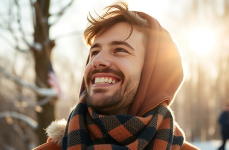 Close up portrait of a handsome young man in scarf and coat smiling outdoorsの素材
