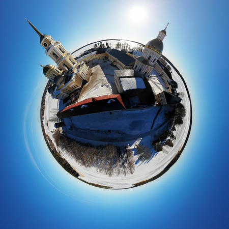 Nilov Hermitage. Monastery on the island among the frozen lake. Panorama little planetの写真素材