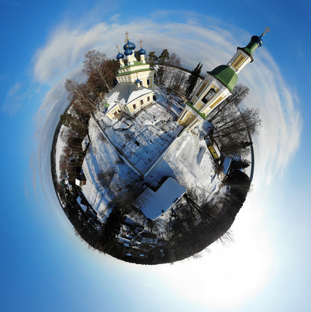 Church on Lake Seliger, aerial view. Russia, Tver region. Panoramic shot, shot from a drone.の写真素材
