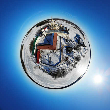 Nilov Hermitage. Monastery on the island among the frozen lake. Panorama little planetの写真素材