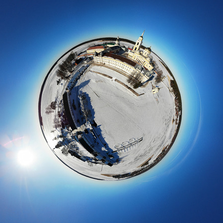 Nilov Hermitage. Monastery on the island among the frozen lake. Panorama little planetの写真素材