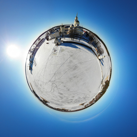 Nilov Hermitage. Monastery on the island among the frozen lake. Panorama little planetの写真素材