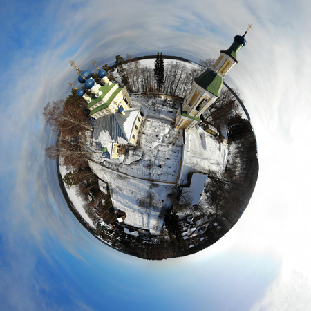 Church on Lake Seliger, aerial view. Russia, Tver region. Panoramic shot, shot from a drone.の写真素材