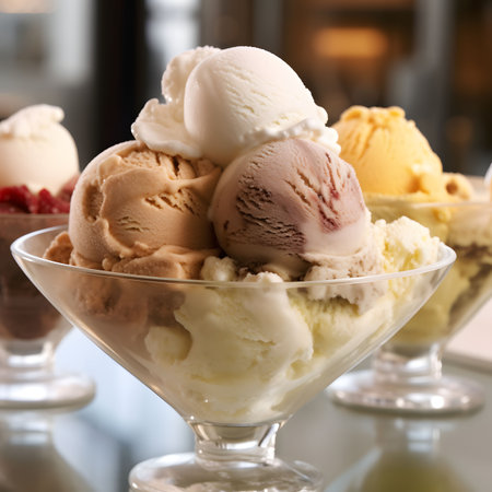 Scoops of ice cream in glass bowls on table, closeup. AI Generatedの素材