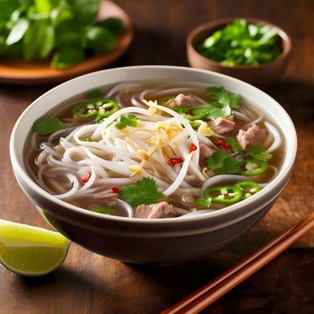 Vietnamese soup pho with pork and vegetables on wooden table. AI Generatedの素材