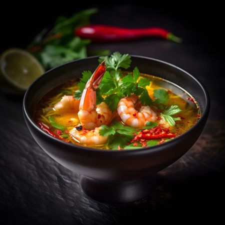 Tom Yum Goong, Thai spicy soup with shrimps on dark background. AI Generatedの素材