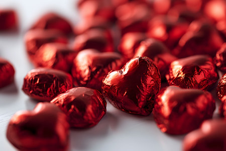 Heart-shaped chocolate candies wrapped in red foil for Valentine's Dayの素材