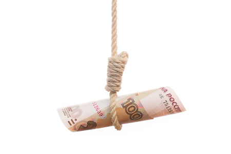 ruble hangman symbolising falling Russian economyの写真素材