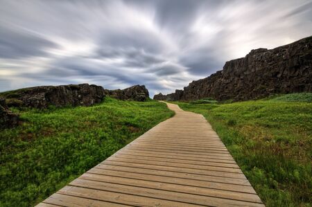 Wood path in the canyon, Thingvellir NP, Icelandの写真素材