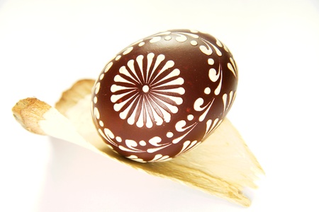 Painted easter egg on a slice of wood isolated on whiteの写真素材