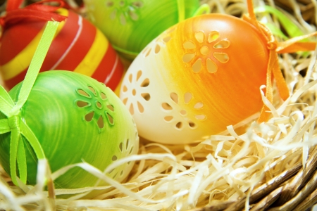 Easter eggs in a basket, easter backgroundの写真素材