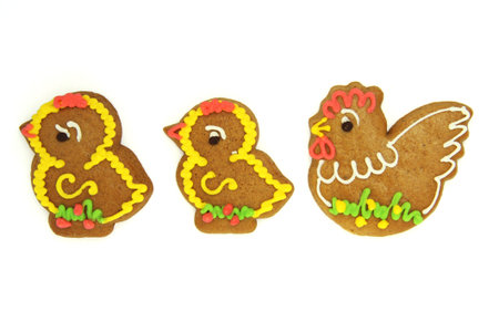Easter Gingerbread Chickens with Fowl Isolated on White