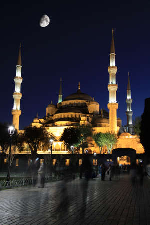 Blue Mosque with moon at night, Istanbulの写真素材