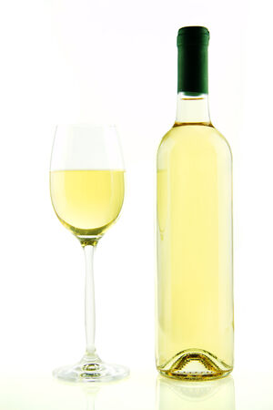 Bottle and glass of white wine isolatedの写真素材