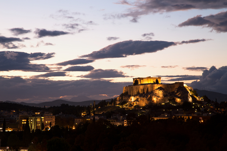 Illuminated Acropolis in Athens, Greece at duskの写真素材
