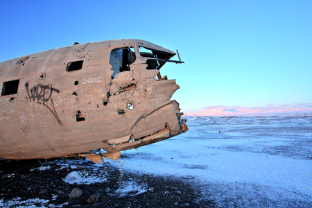 Crashed Airplane on the Black Sand Beach, Icelandの写真素材