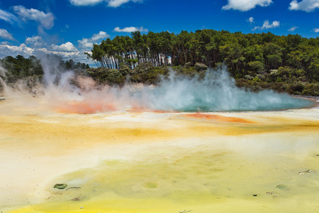 Geothermal Lake Called Champagne Pool at Wai-O-Tapu Geothermal Area near Rotorua, New Zealandの写真素材
