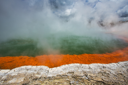 Geothermal Lake Called Champagne Pool at Wai-O-Tapu Geothermal Area near Rotorua, New Zealandの写真素材