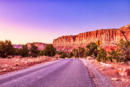 Landscape with Open Road at Sunset, Capitol Reef National Park, Utah, USAの写真素材