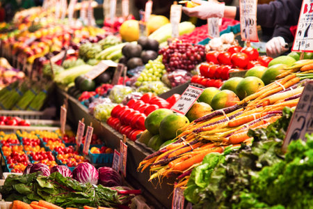Fresh Food Offering at Seattle Pike Place Market, Washington, USAの写真素材
