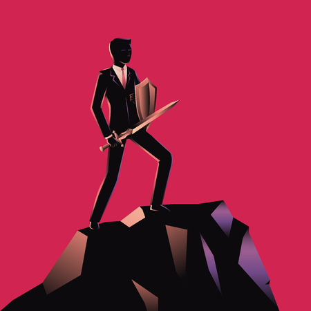 Optimistic businessman holding a sword and shield standing on top of a mountain. Professional wearing suit. Red Background.のイラスト素材