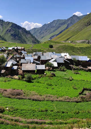 Village in the Himalayas, Annapurna Conservation Area, Nepalの写真素材
