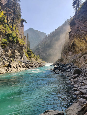 The mountain river flows through the gorge in the Altai Republic.