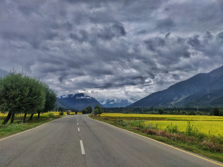 Country road in the mountains under a cloudy sky. Beautiful summer landscape.