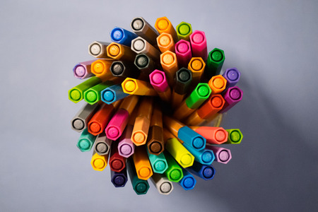 colorfull markers on the deskの写真素材