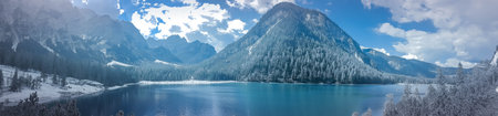 panoramic view on lake braies, italy