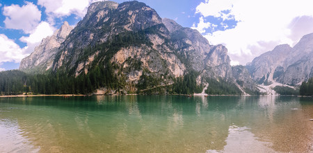 panoramic view on lake braies, italyの写真素材