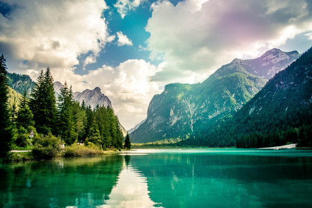 panoramic view on lake braies, italyの写真素材