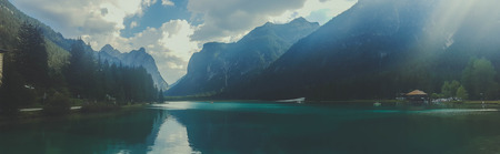 panoramic view on lake braies, italyの写真素材