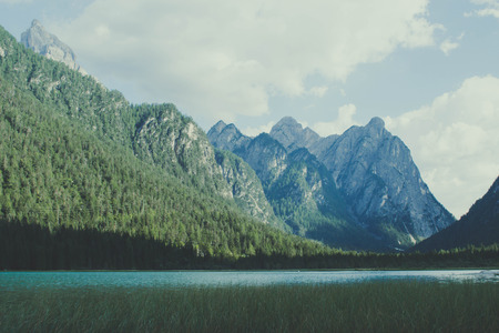 panoramic view on lake braies, italyの写真素材