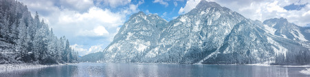 panoramic view on lake braies, italyの写真素材