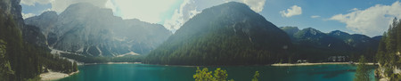 panoramic view on lake braies, italyの写真素材