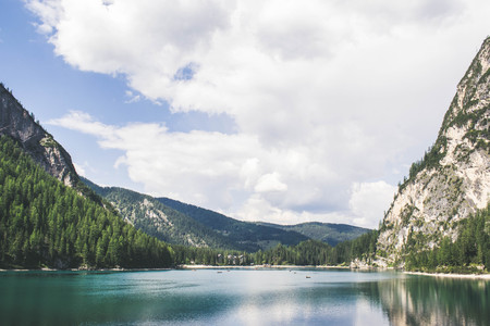 panoramic view on lake braies, italyの写真素材