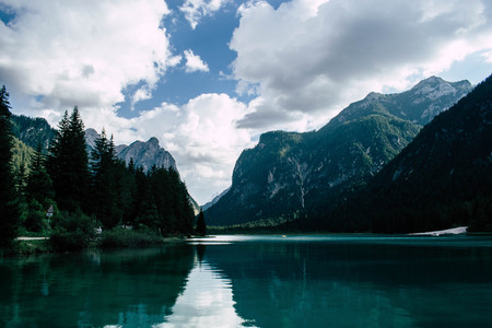 panoramic view on lake braies, italyの写真素材
