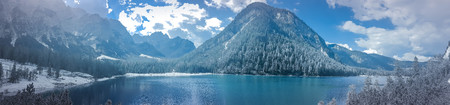 panoramic view on lake braies, italyの写真素材