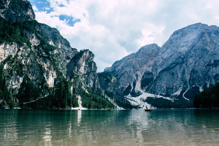 panoramic view on lake braies, italyの写真素材
