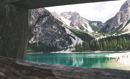 panoramic view on lake braies, italyの写真素材