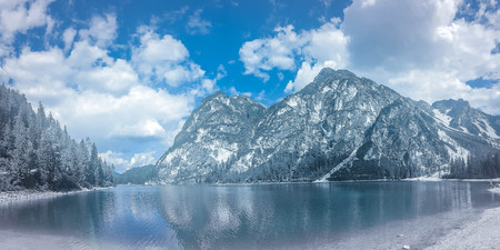 panoramic view on lake braies, italyの写真素材