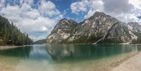 panoramic view on lake braies, italyの写真素材