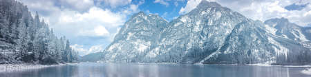 panoramic view on lake braies, italyの写真素材