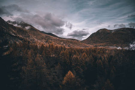 view on foggy alps mountains in autumnの写真素材