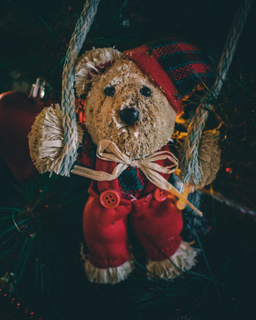 christmas toy, teddy bear on the treeの写真素材