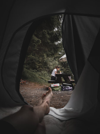 a fantastic camping day in a tentの写真素材